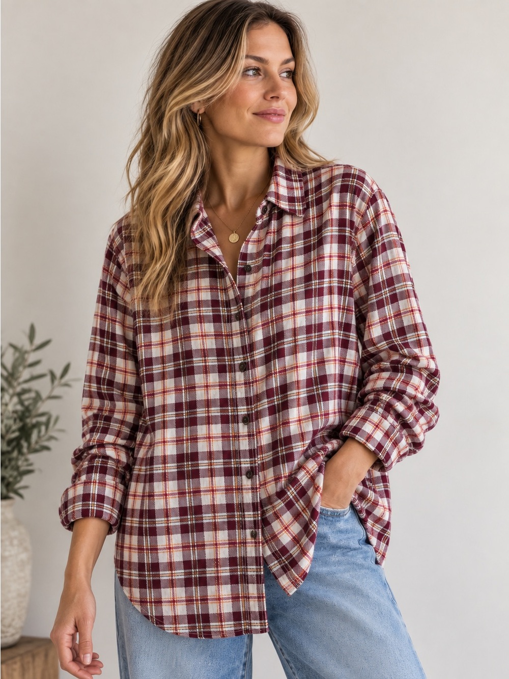 Roots Canada Plaid Flannel Button Down Shirt Burgundy Cream Women’s M